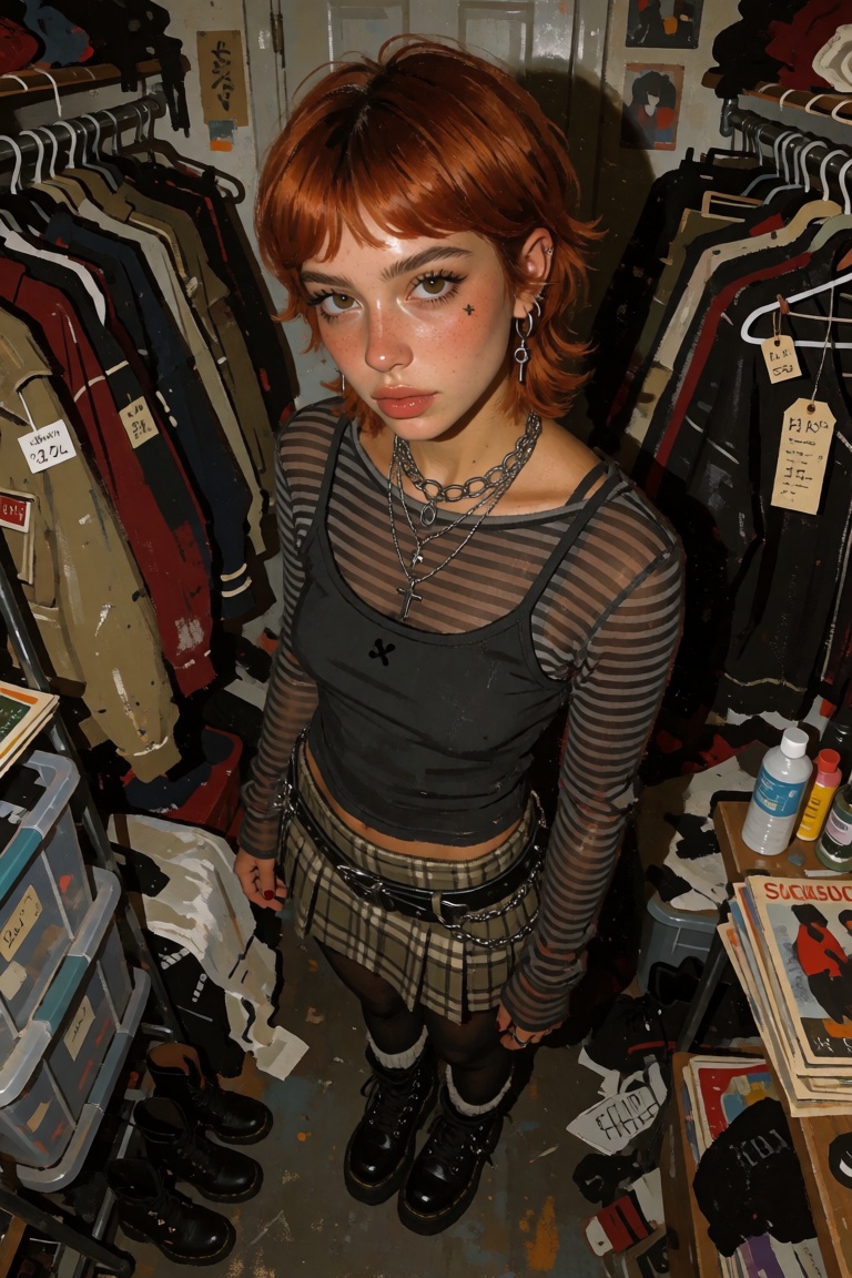 A harsh flash-photography close-up portrait of an attractive young woman with short copper-red hair cut into an uneven sha...