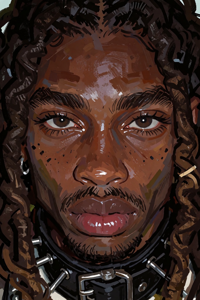 beautiful young ***** Black man with a massive halo of freeform locs barely contained by the frame,  deep brown skin with...