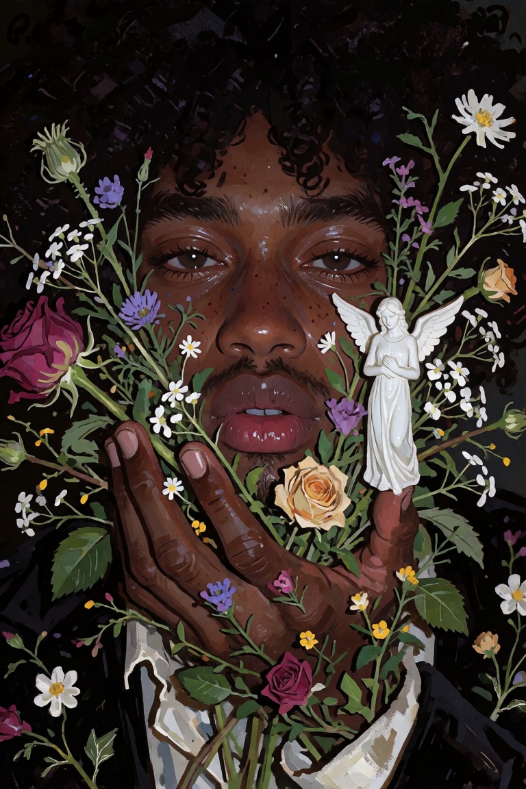 beautiful young ***** dark-skinned Black man with an enormous sculptural afro,  his face occupying almost the entire frame...