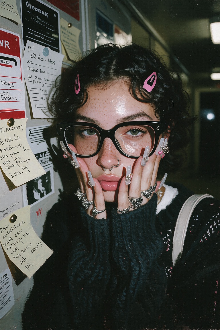 beautiful apartment resident standing in a communal hallway,  oversized black glasses,  dark curly hair on Tensor.Art