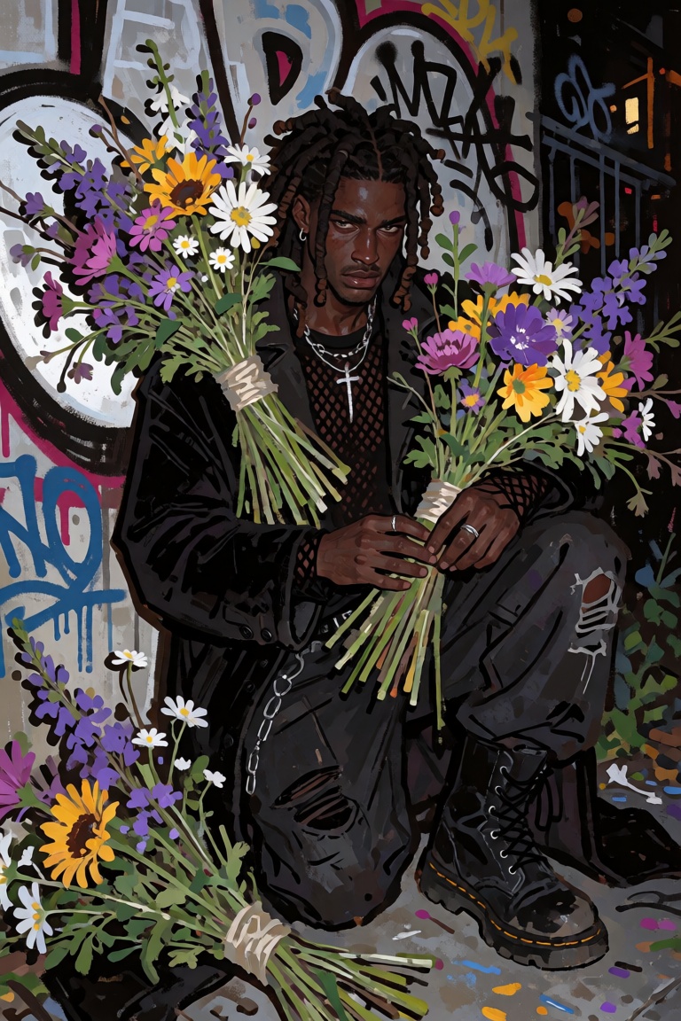 beautiful young ***** Black man with an enormous sculptural freeform loc crown,  deep espresso skin with cool undertones a...