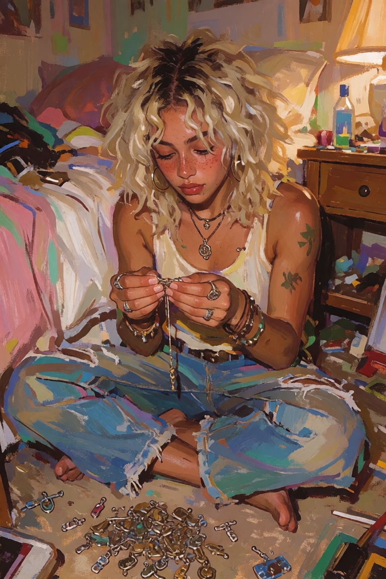 beautiful young ***** with shaggy bleached curls,  soft acne scars and a crooked lower lip,  repairs broken jewelry with f...