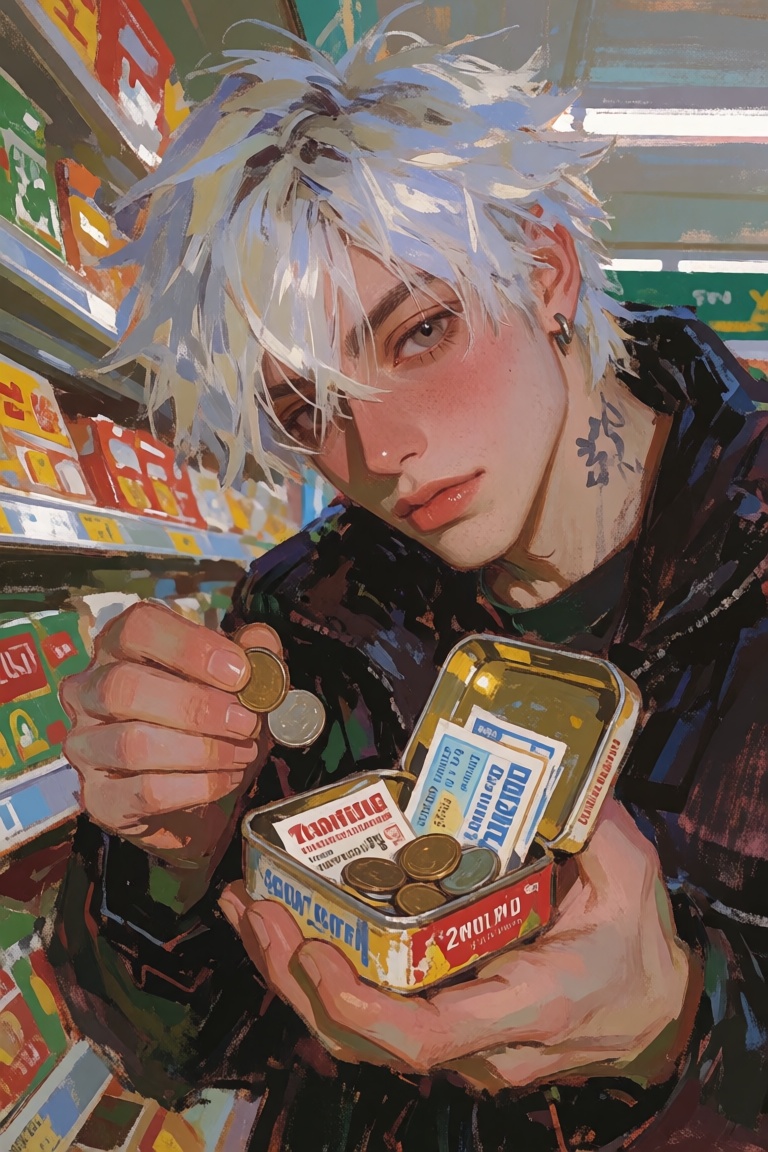beautiful young ***** man with messy silver-dyed hair,  visible razor bumps and exhausted dark eyes,  hoards expired coupo...