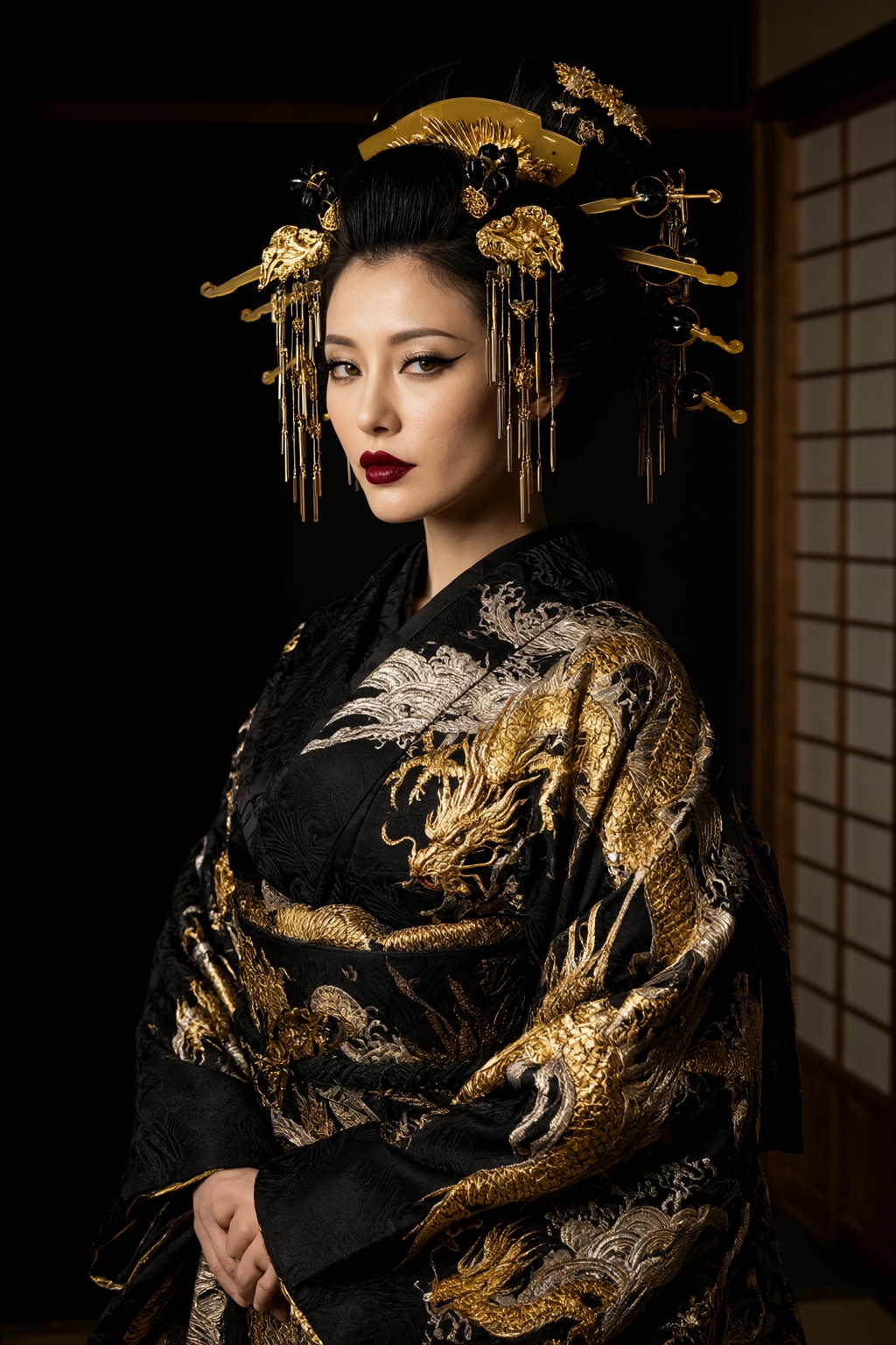 Japanese Style,  High-fashion editorial photography,  close-up dynamic shot. An aristocratic Japanese woman with sharp eye...