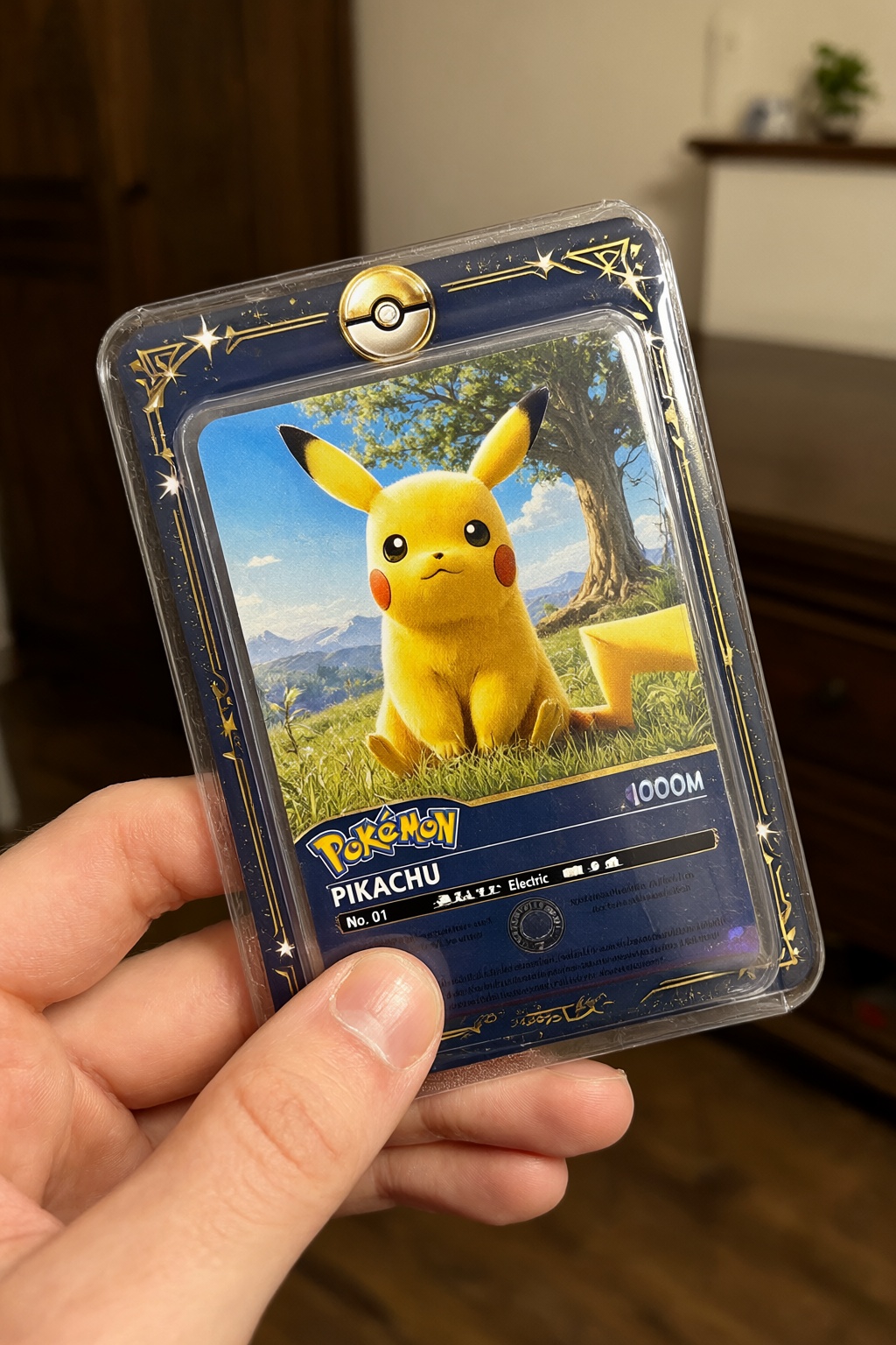 {"rewritten_prompt": "The image is a first-person close-up photograph of a premium Pokémon trading card still sealed insid...