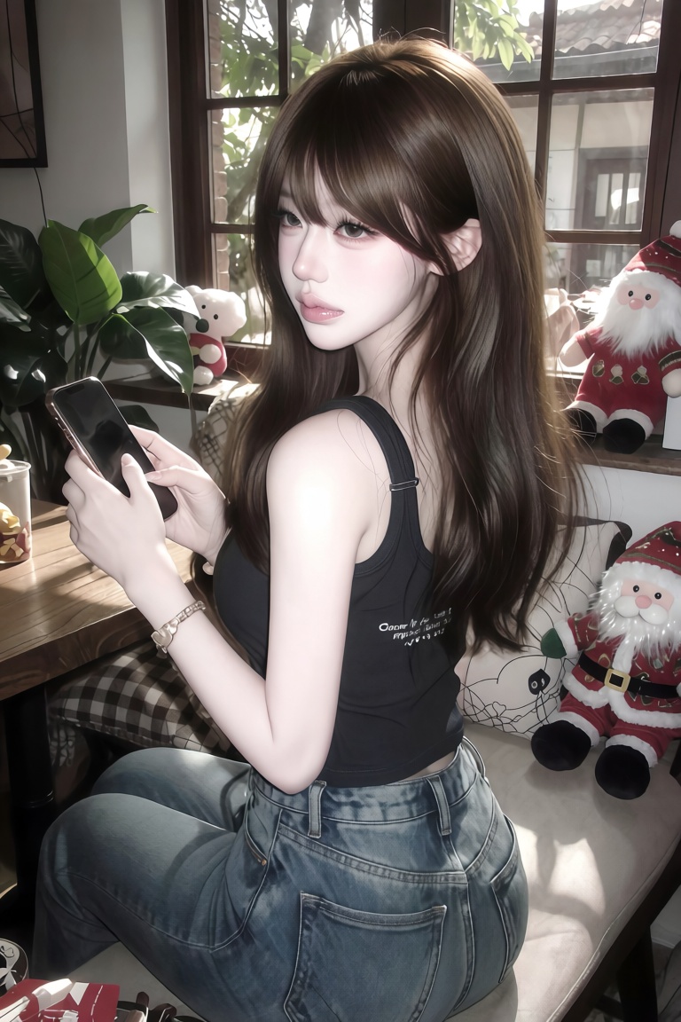 Medium portrait of a young woman. Angle: Over-the-shoulder shot. Pose: Sitting on a bench,  holding a smartphone,  turning...