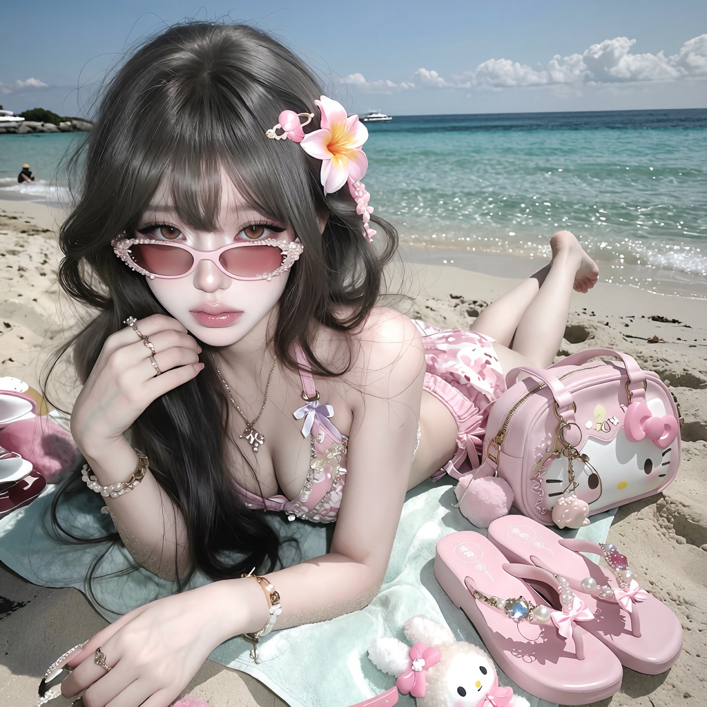 messy low bun with loose curtain bangs framing the face,  ,  sultry heavy-lidded eyes A photorealistic Y2K Japanese gyaru...