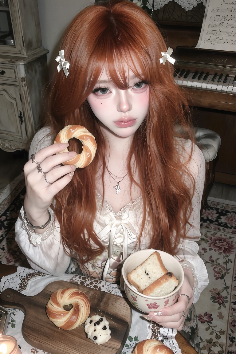 Medium portrait of a young woman. Angle: High-angle shot. Pose: Sitting at a table,  holding a ring pastry in one hand and...
