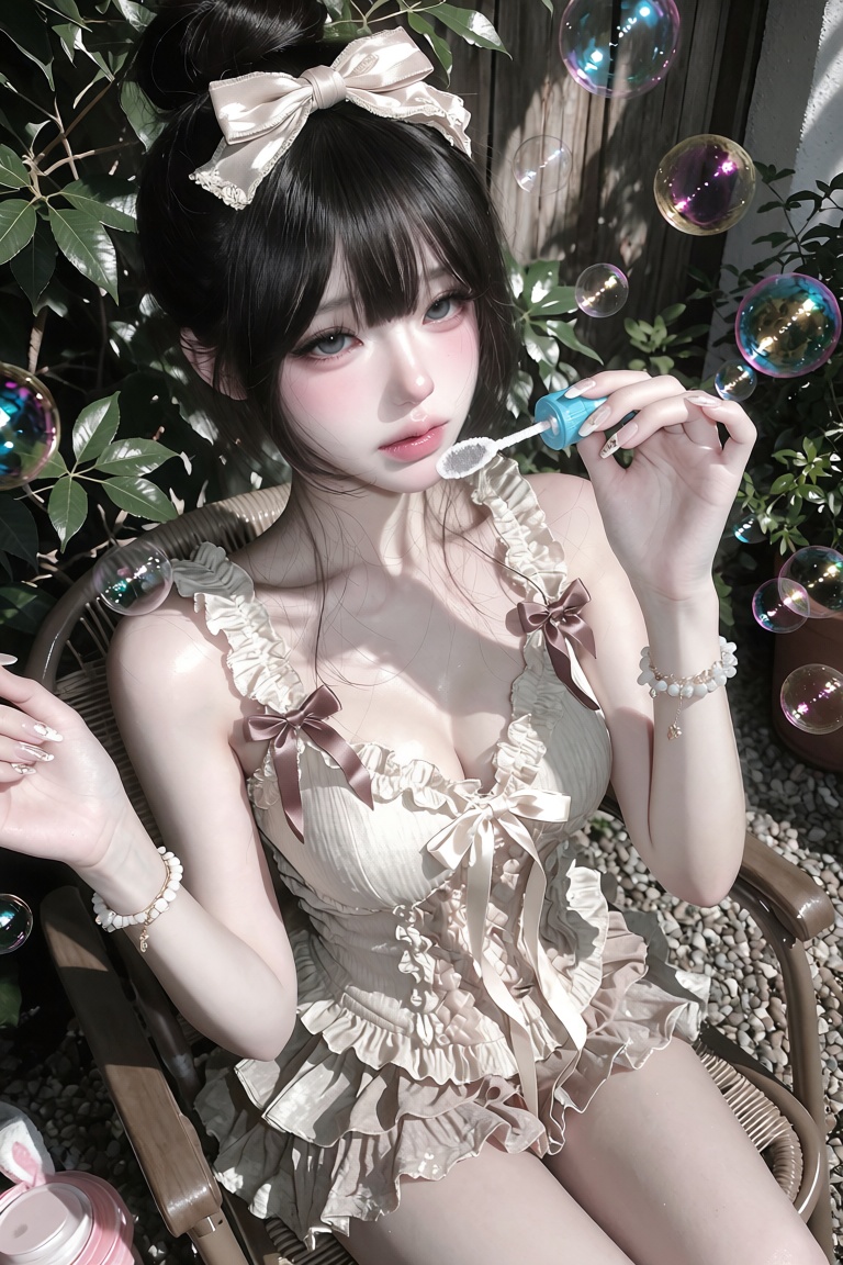 Medium portrait of a young woman. Angle: High-angle shot. Pose: Sitting outdoors in a chair,  holding a bubble wand near h...