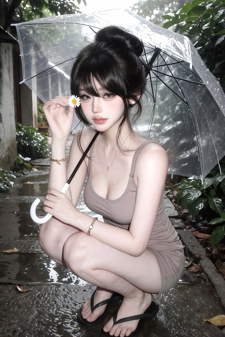 Full-body portrait of a young woman. Angle: High-angle shot. Pose: Crouching on the wet ground,  holding a transparent umb...