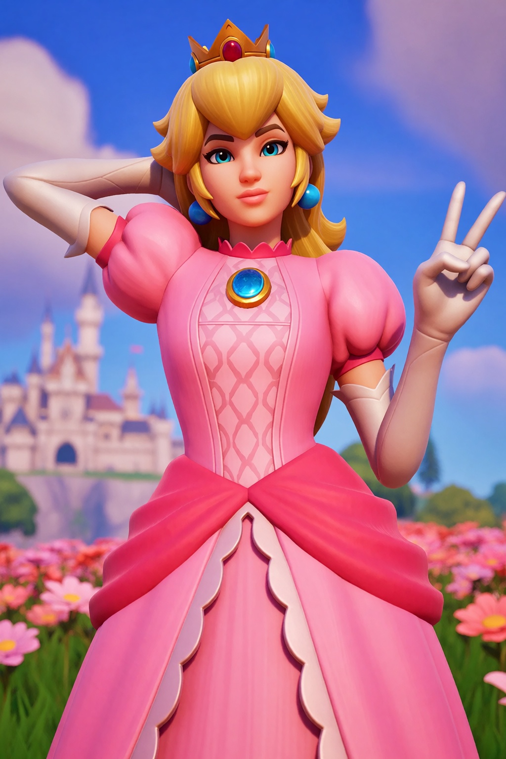 sfw. fortnite-style. upper body shot,  standing tall,  she has one hand behind head and the other making the peace sign on...