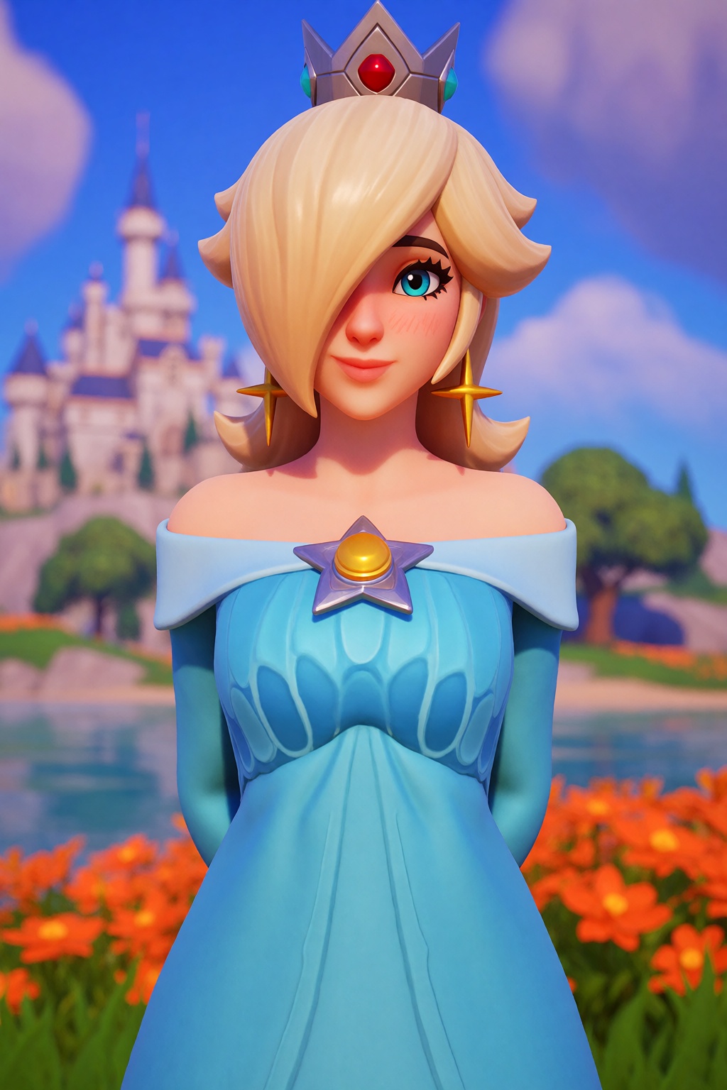 sfw. fortnite-style. upper body shot,  she is standing with her hands behind her back,  she has a shy smile on Tensor.Art