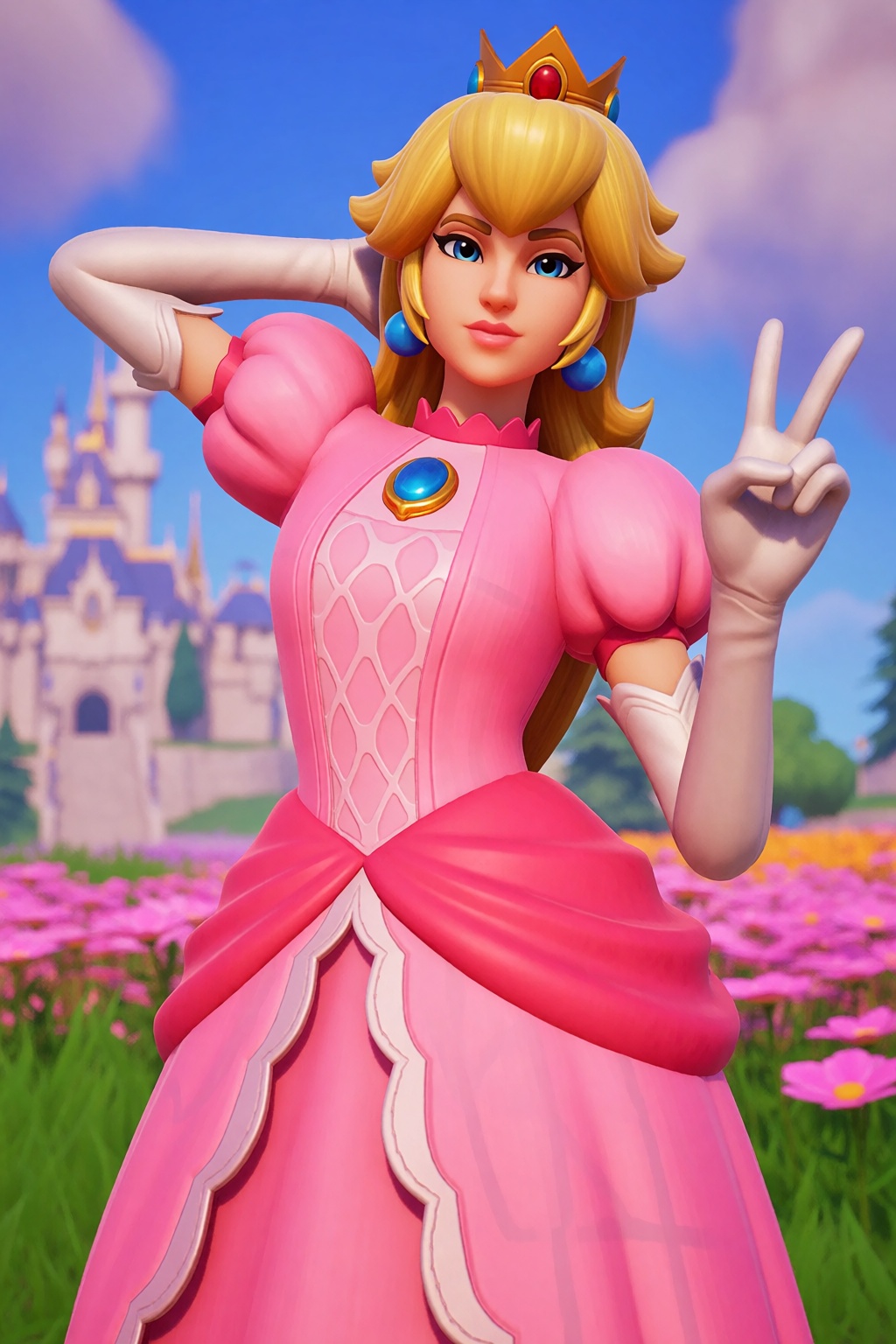 sfw. fortnite-style. upper body shot,  standing tall,  she has one hand behind head and the other making the peace sign on...