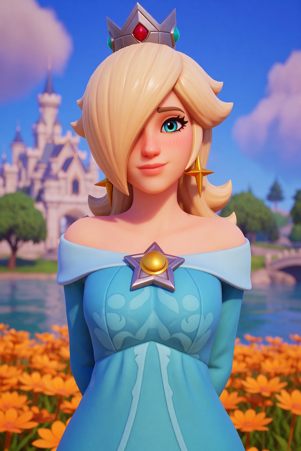 sfw. fortnite-style. upper body shot,  she is standing with her hands behind her back,  she has a shy smile on Tensor.Art