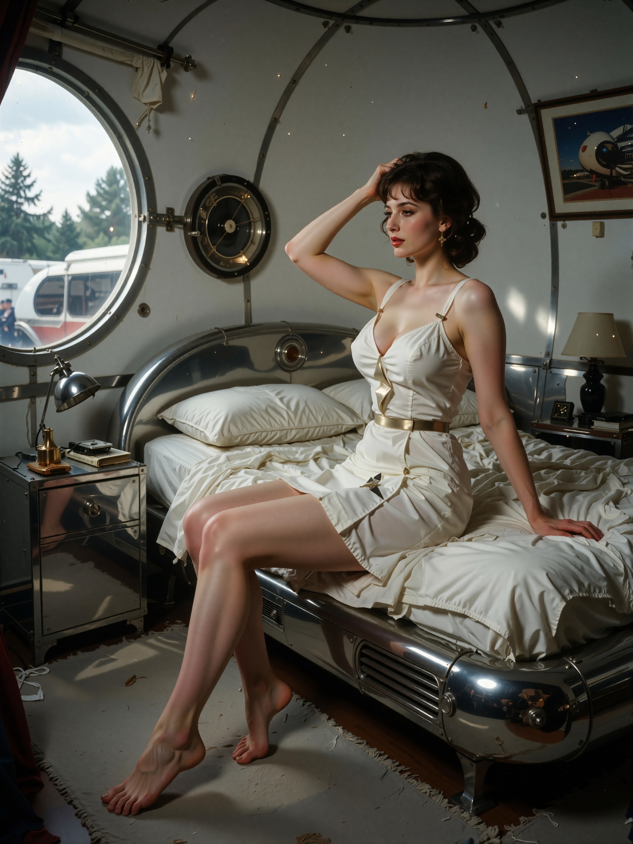 1960s space age retro interior photography,  beautiful ***** woman sitting on the edge of a futuristic rounded bed,  one h...