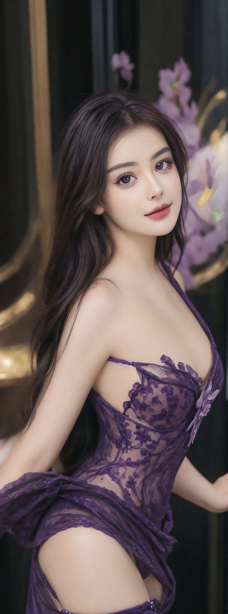 A stunning girl with vibrant purple hair and piercing ruby eyes dominates the frame,  her confident pose drawing the viewe...