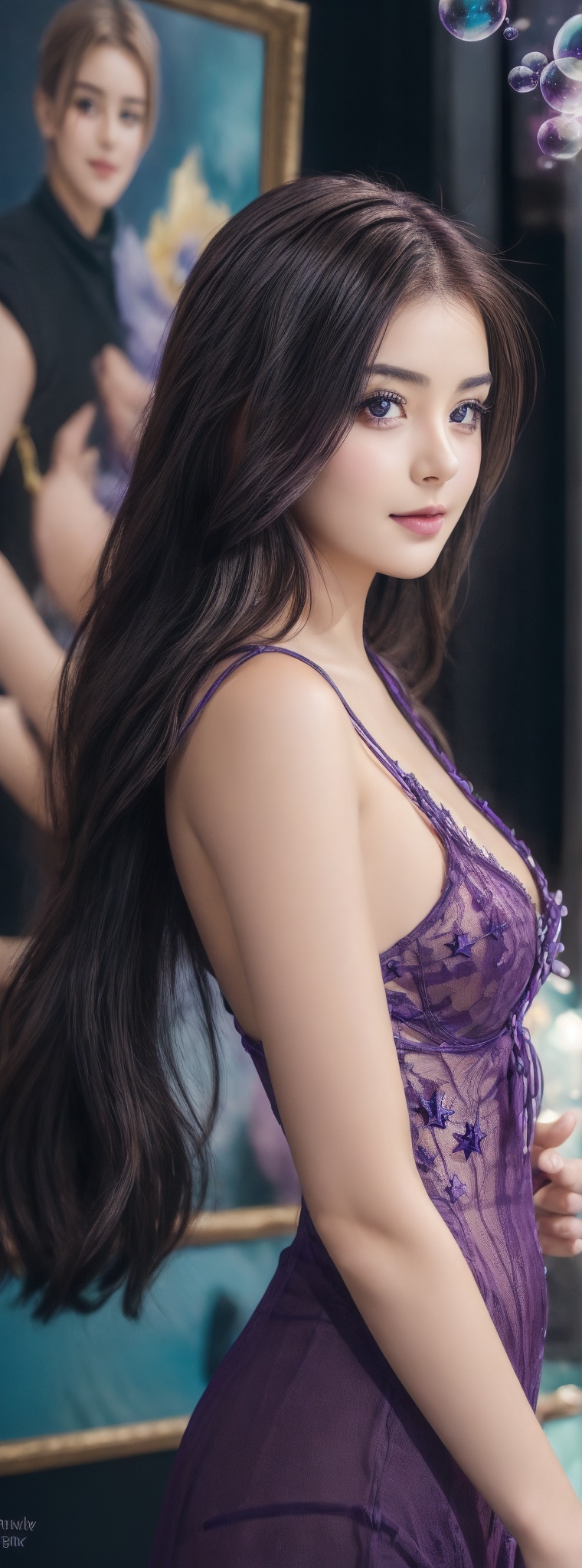 A stunning girl with vibrant purple hair and piercing ruby eyes dominates the frame,  her confident pose drawing the viewe...