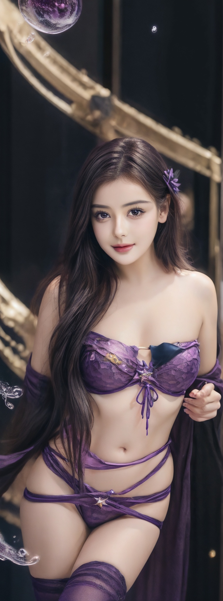 A stunning girl with vibrant purple hair and piercing ruby eyes dominates the frame,  her confident pose drawing the viewe...
