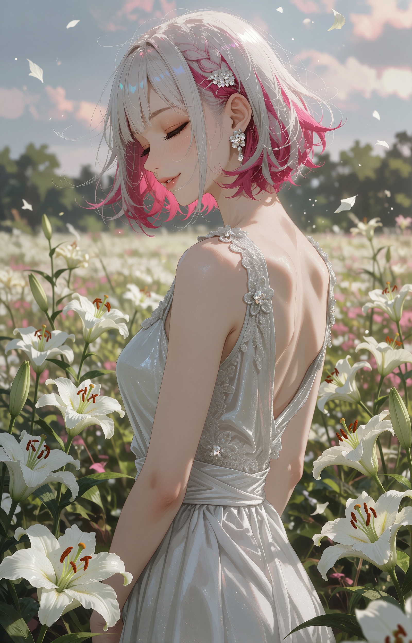 A serene young woman with a short silver-white bob accented by vivid magenta-pink inner highlights stands in profile among...