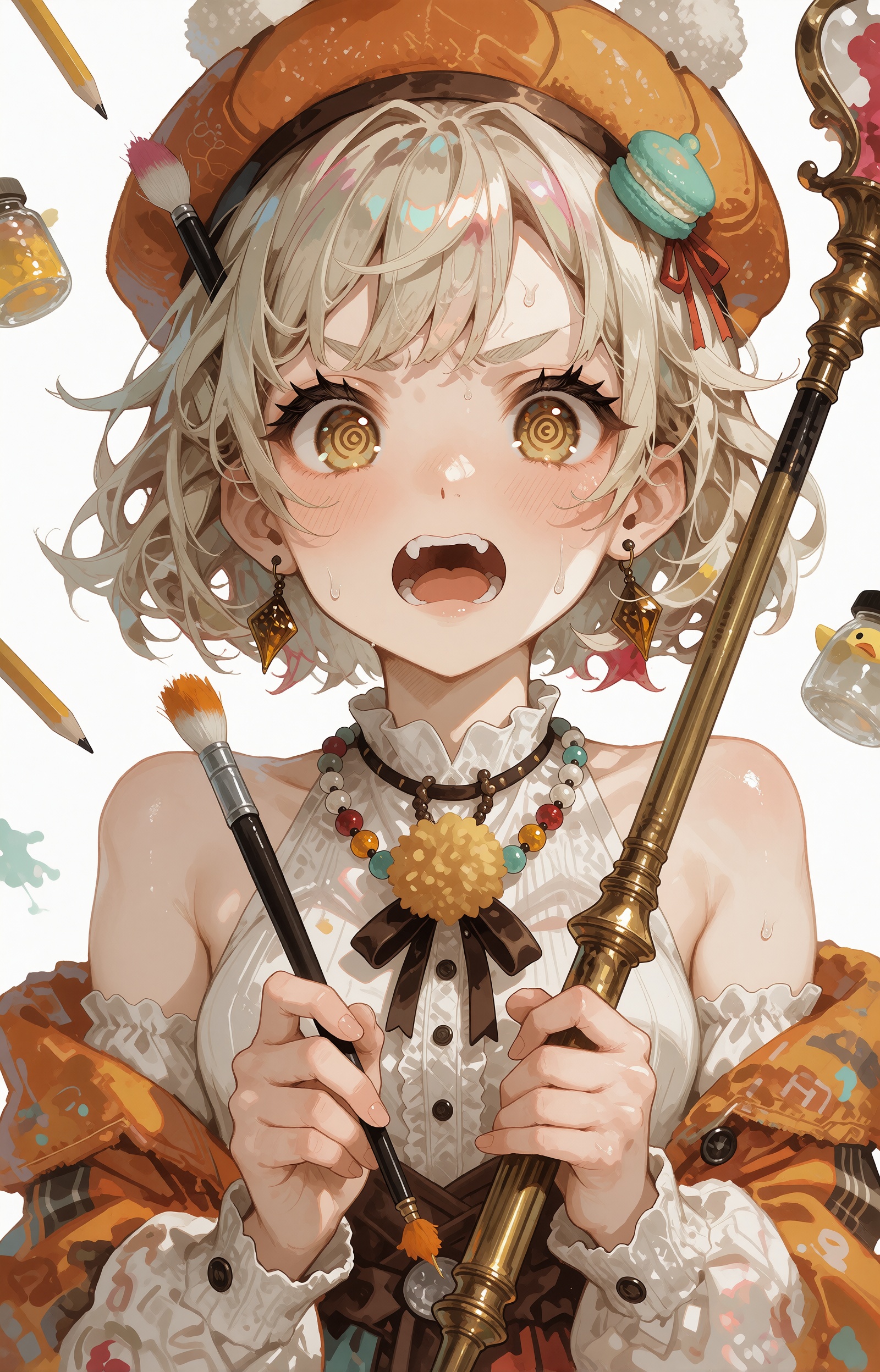 A flustered young anime artist girl leans into frame in a tight close-up bust portrait,  her short tousled blonde hair fli...