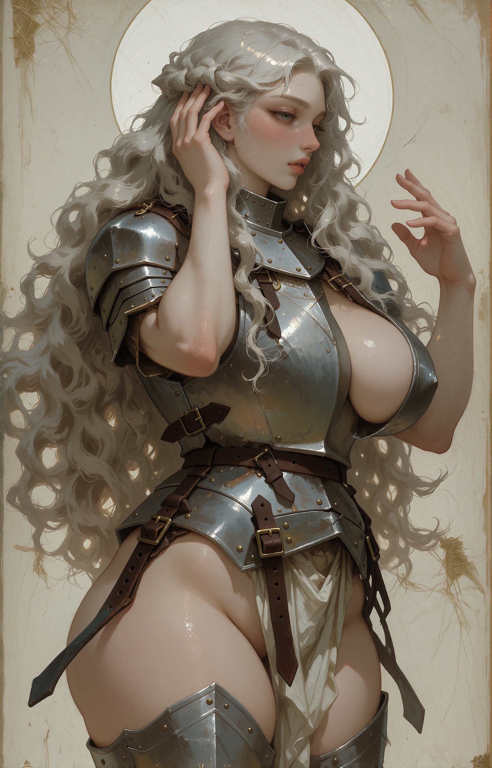 Extremely voluptuous with extremely huge breasts and wide huge hips SUBJECT: A serene knight-saint figure stands in strict...
