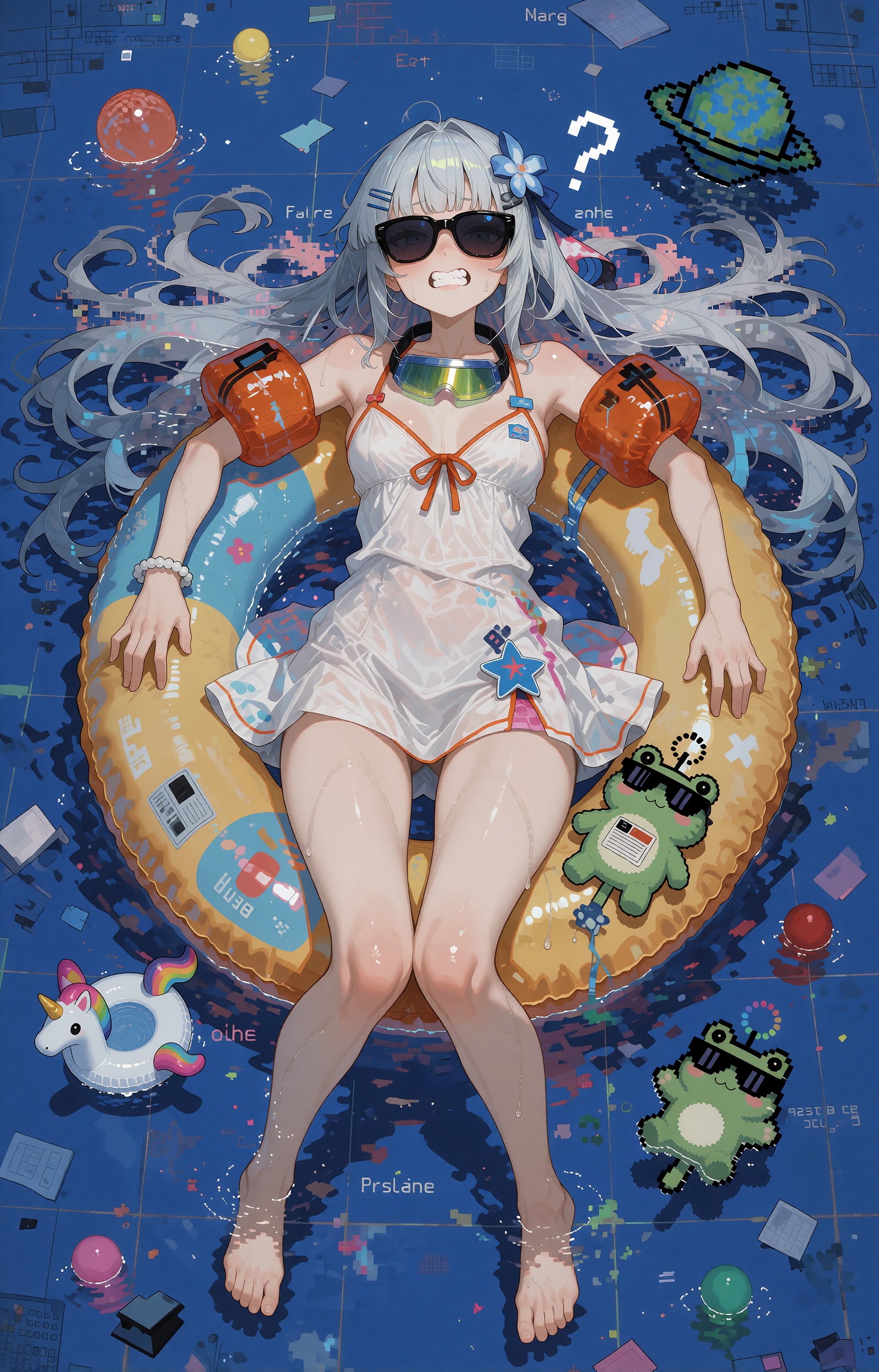 wide huge hips SUBJECT : A silver-haired girl with extremely long white hair streaming outward in glitched,  pixel-frayed...