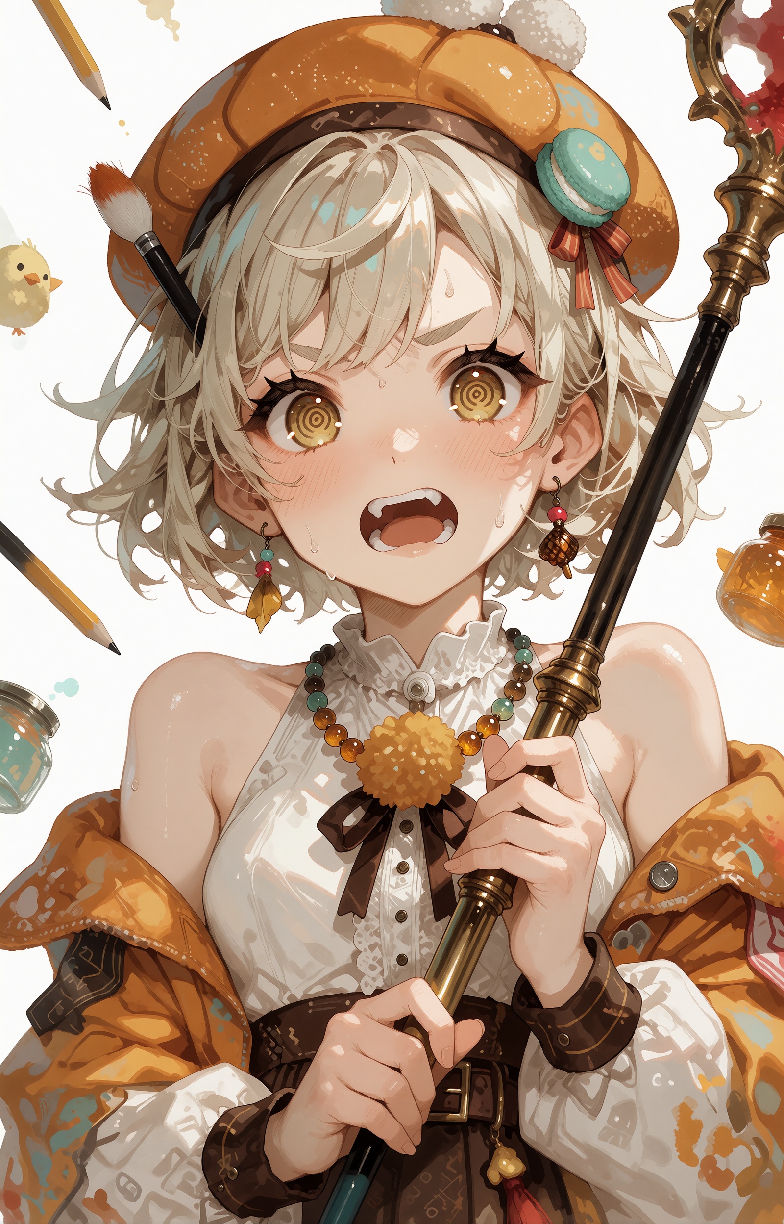A flustered young anime artist girl leans into frame in a tight close-up bust portrait,  her short tousled blonde hair fli...