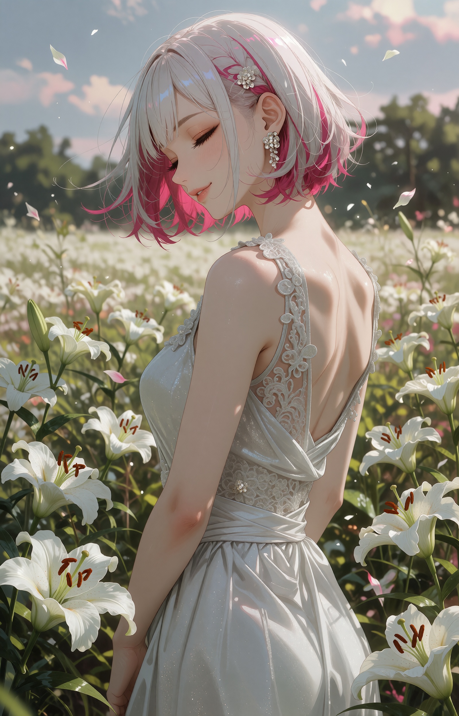 A serene young woman with a short silver-white bob accented by vivid magenta-pink inner highlights stands in profile among...