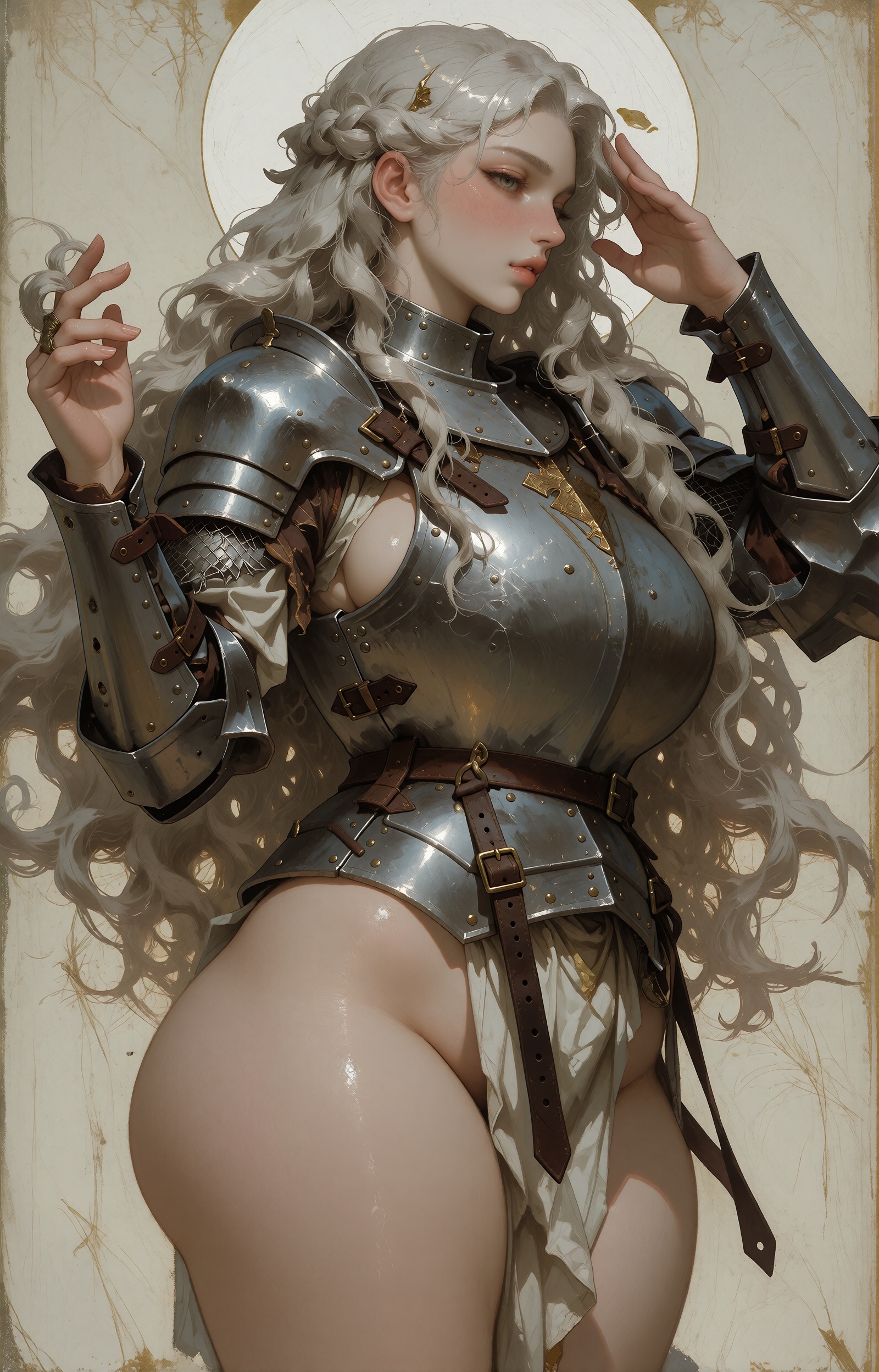 Extremely voluptuous with extremely huge breasts and wide huge hips SUBJECT: A serene knight-saint figure stands in strict...