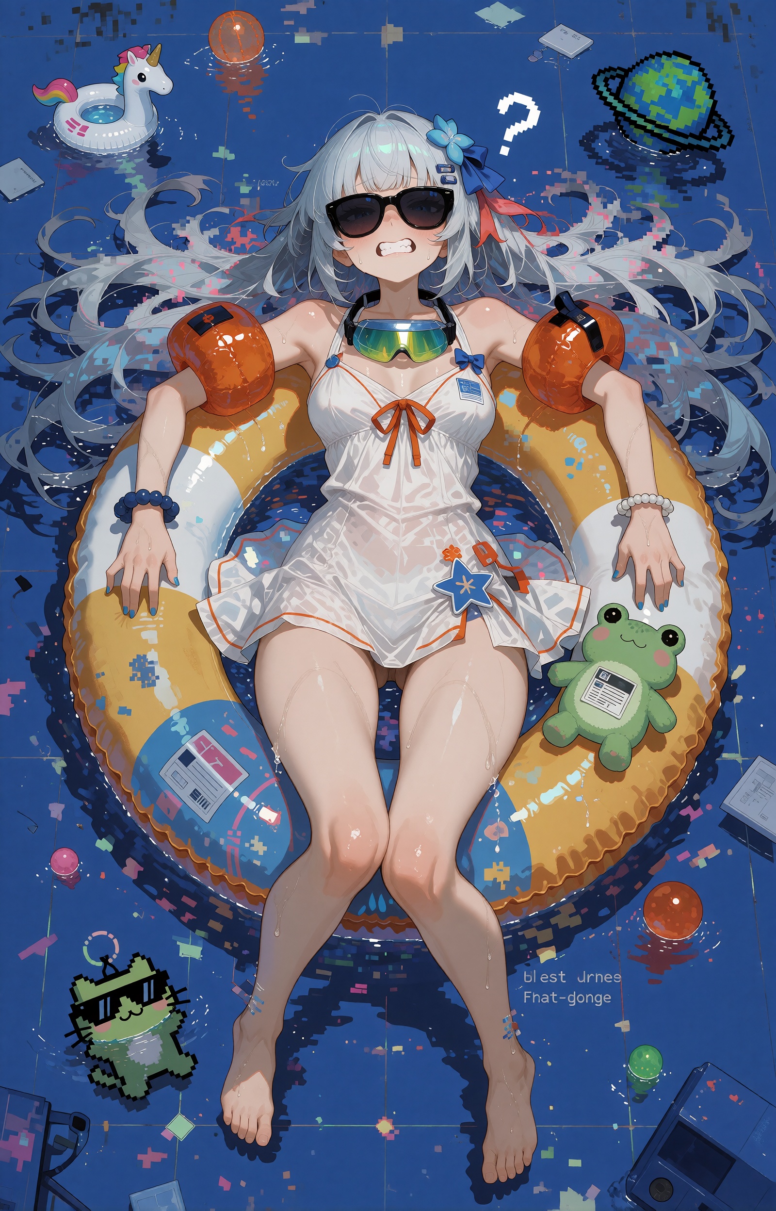 wide huge hips SUBJECT : A silver-haired girl with extremely long white hair streaming outward in glitched,  pixel-frayed...