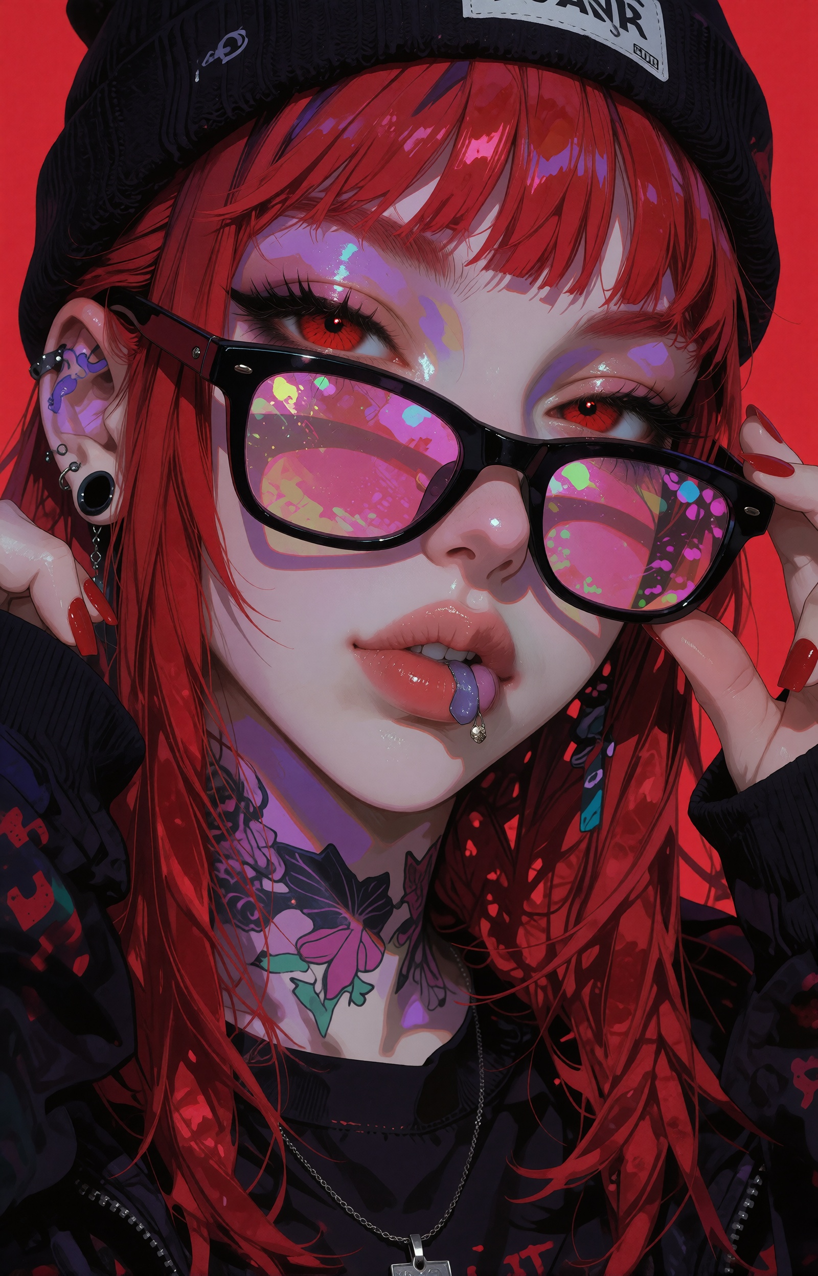 retro anime portrait of a woman,  vibrant red hair with blunt bangs,  pulling down black sunglasses with iridescent pink l...