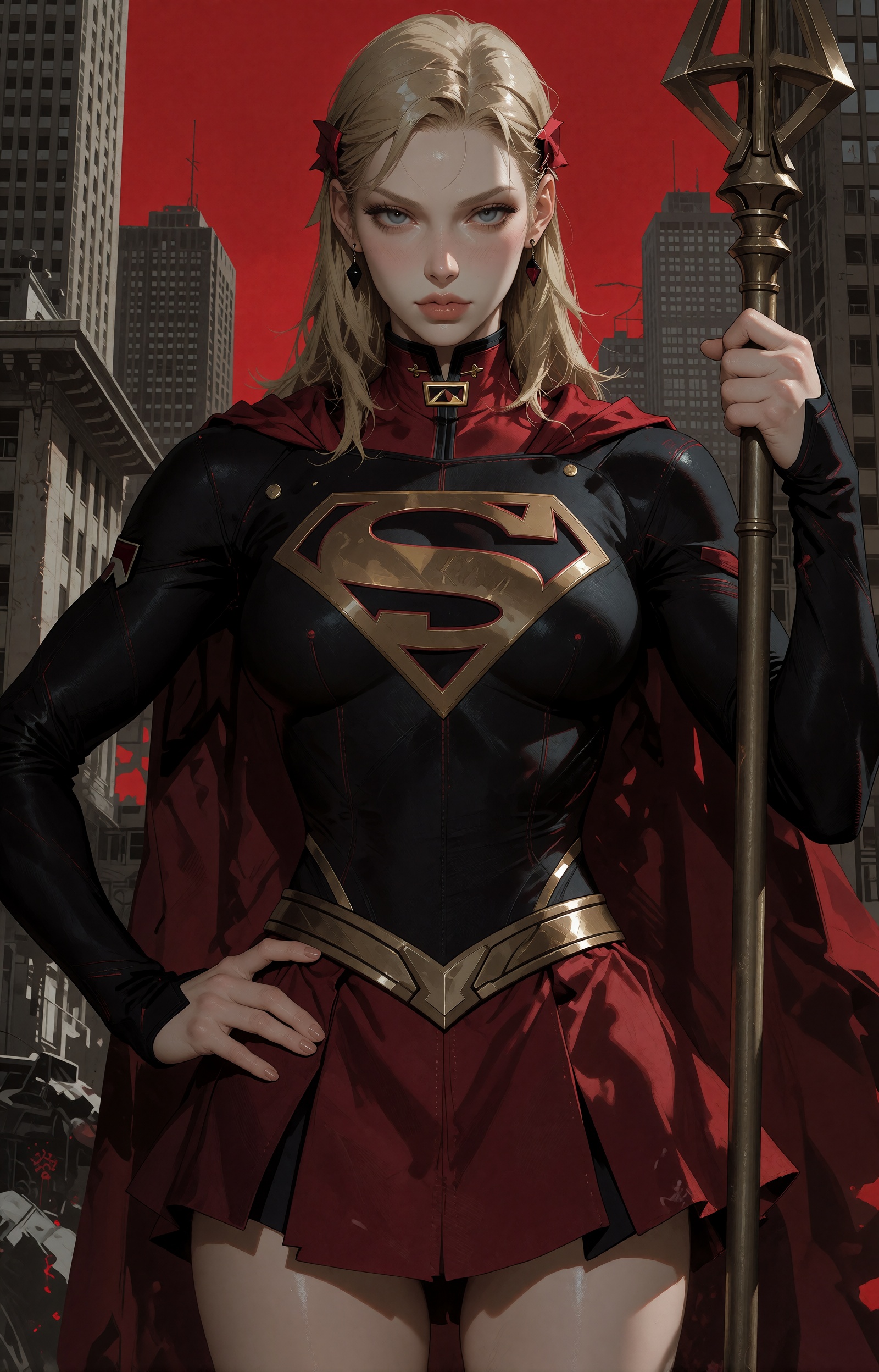 An illustration by Stanley Lau depicting a young Supergirl,  rendered in a harshly dominating fascist aesthetic. Her blond...