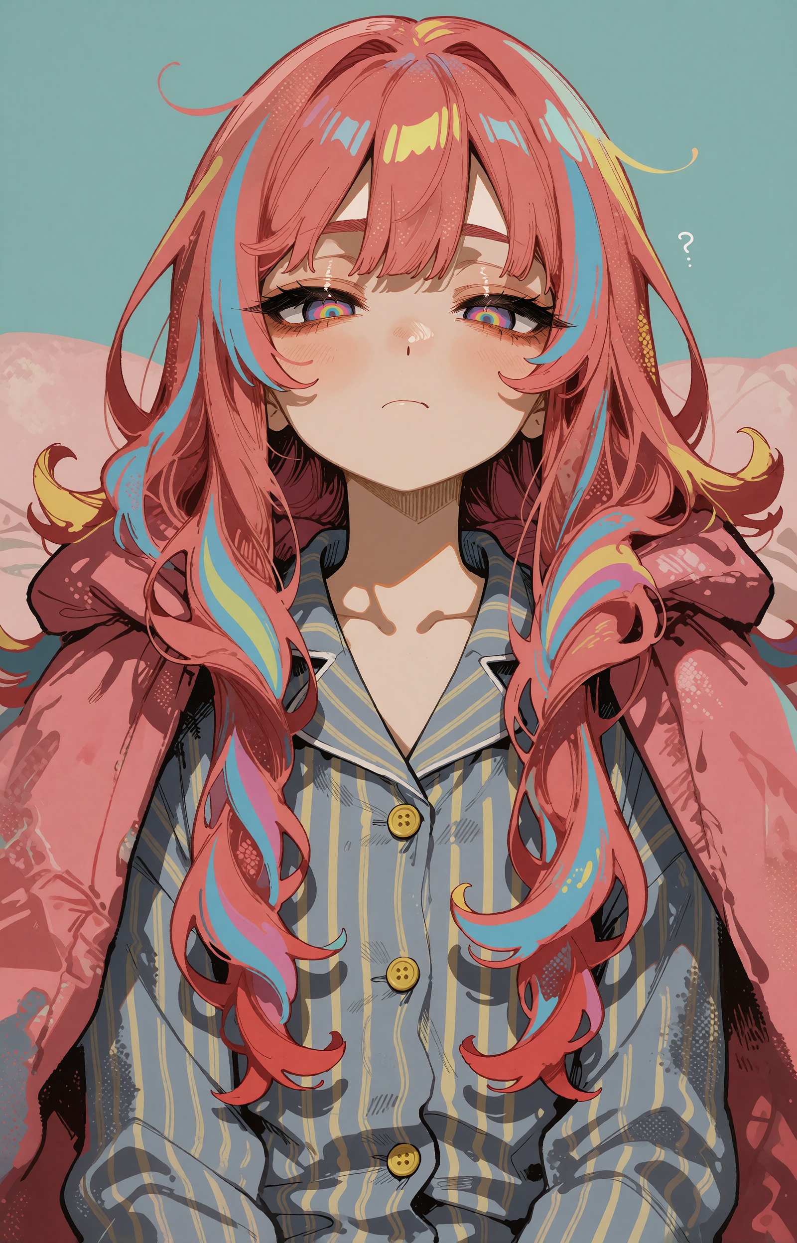 SUBJECT: A sleepy girl with very long coral-pink hair falling past her chest in heavy wavy curtains. Candy-stripe bands of...