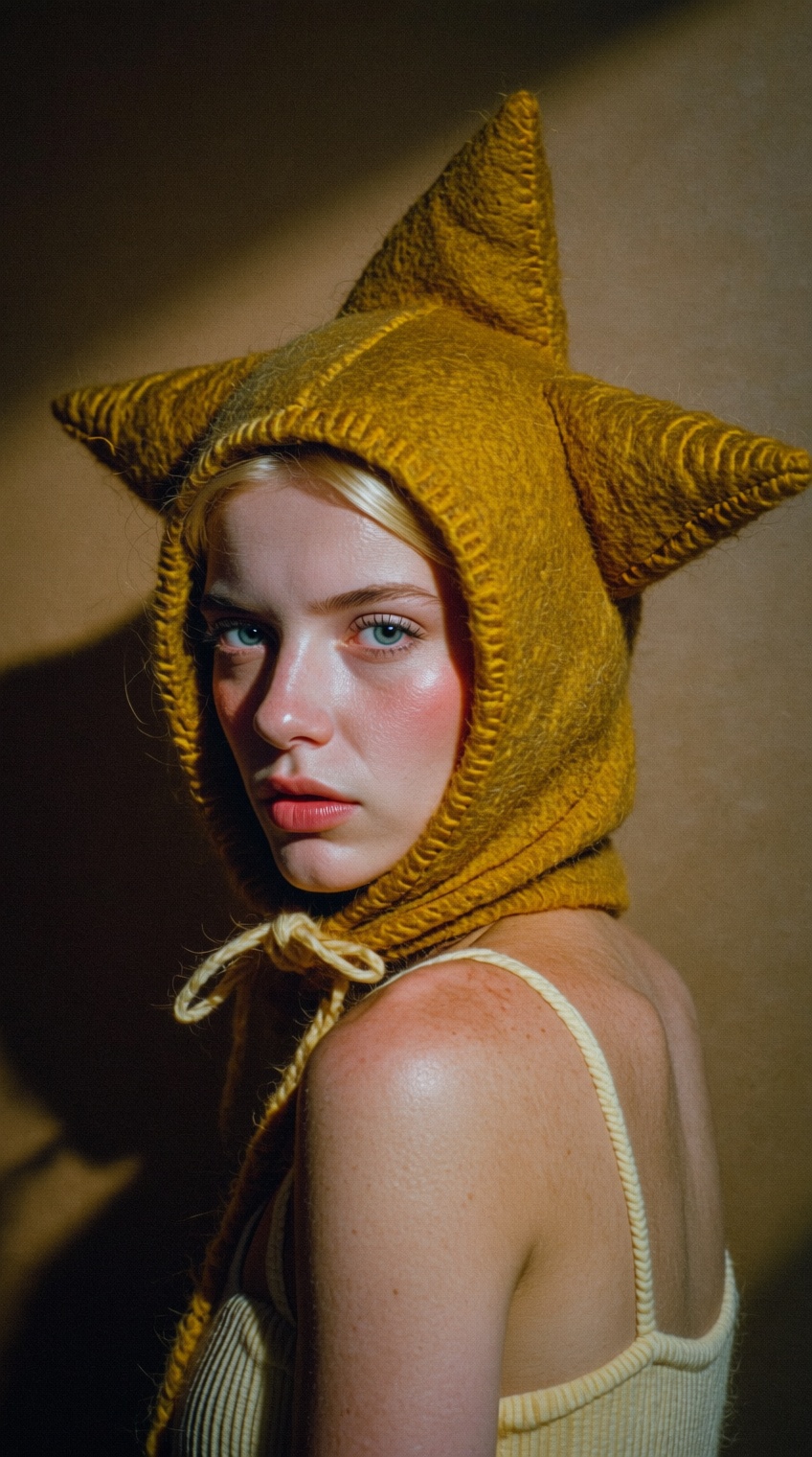 A whimsical yet melancholic close-up portrait of a pale model wearing an oversized,  sculptural five-pointed star hood cra...
