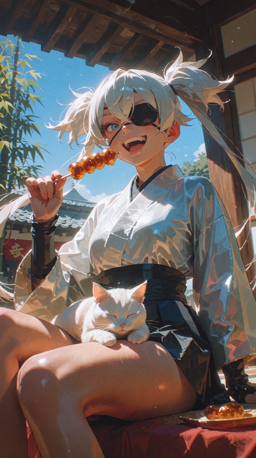 A Japanese female samurai sitting on a tatami mat at a traditional old-fashioned Japanese wagashi shop. She is smiling and...