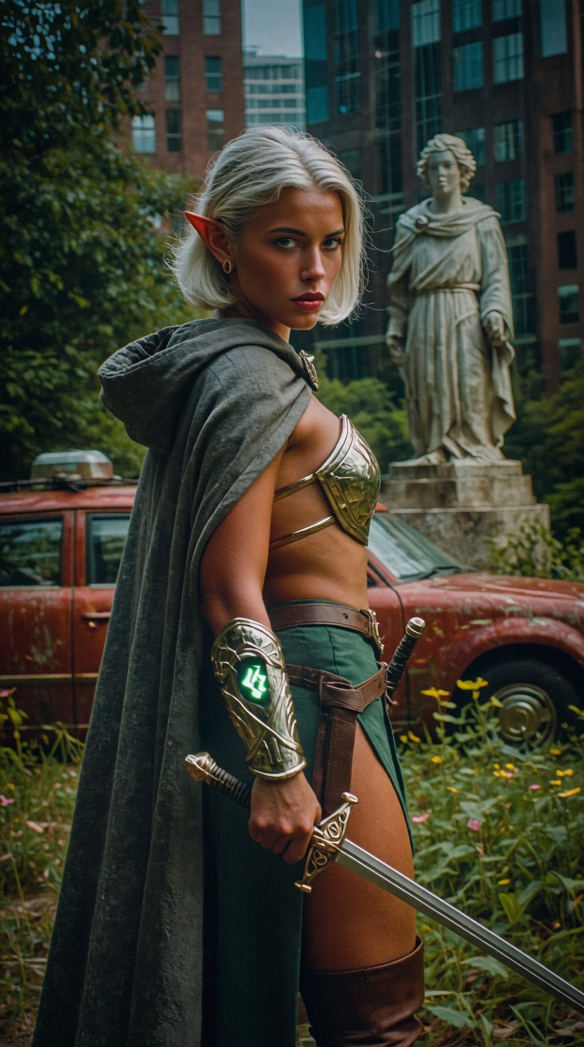 RAW candid photo,  low-Fidelity,  subtle digital noise. We see her from the side. A beautiful young dark skinned elf woman...