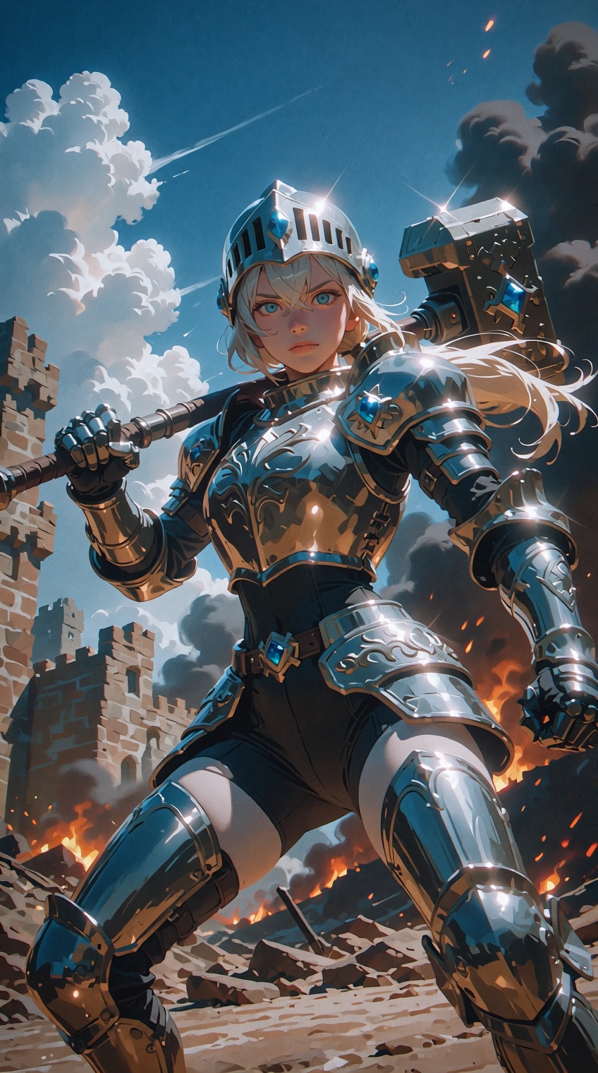 A highly dynamic,  action shot from a low-angle perspective. A young female knight. She wears polished white plate armor w...