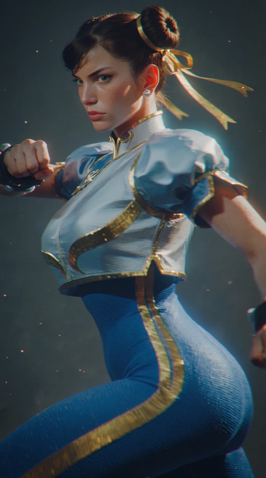 Chun-Li in her combat stance,  from side. Very detailed,  masterpiece. 3d render on Tensor.Art