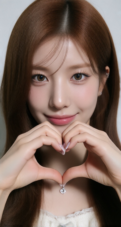 1girl solo long hair looking at viewer smile brown hair brown eyes realistic heart hands duo on Tensor.Art