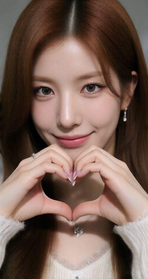 1girl solo long hair looking at viewer smile brown hair brown eyes realistic heart hands duo on Tensor.Art