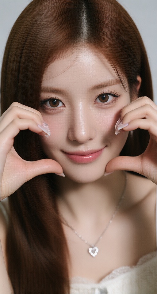 1girl solo long hair looking at viewer smile brown hair brown eyes realistic heart hands on face on Tensor.Art