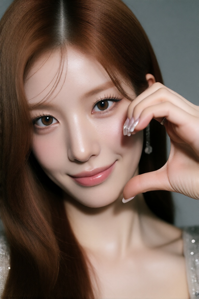 1girl solo long hair looking at viewer smile brown hair brown eyes realistic one hand heart hands on face on Tensor.Art
