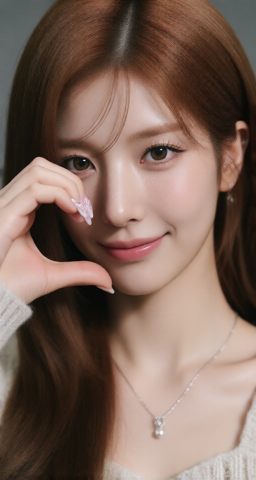 1girl solo long hair looking at viewer smile brown hair brown eyes realistic one hand heart hands on face on Tensor.Art