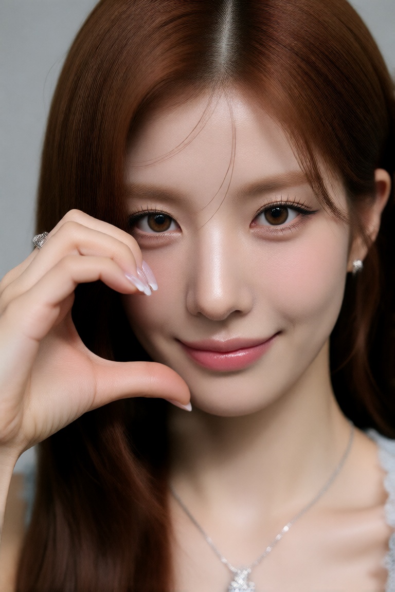 1girl solo long hair looking at viewer smile brown hair brown eyes realistic one hand heart hands on face on Tensor.Art
