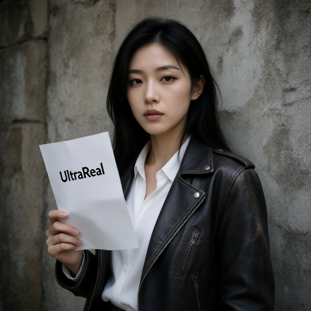 A medium shot of a beautiful East Asian woman in a distressed leather jacket,  holding a piece of white paper with the tex...