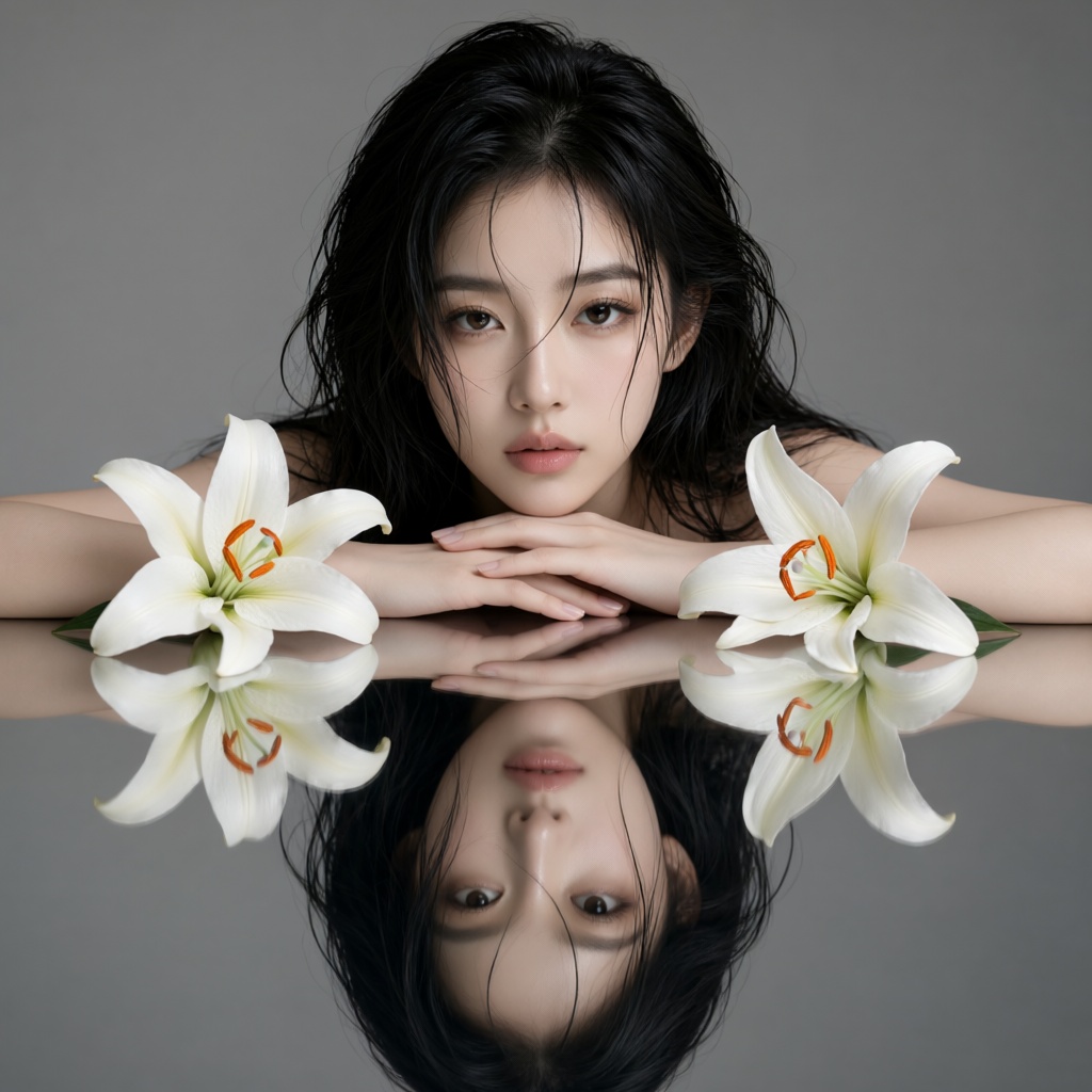 A high-fashion studio portrait of a beautiful young Asian woman with long,  wet,  messy black hair. She is resting her chi...