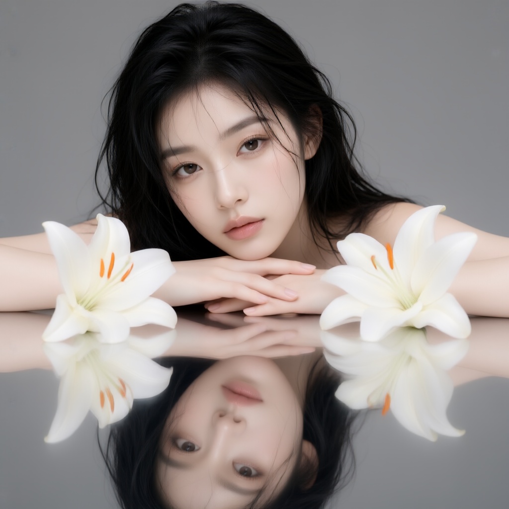 A high-fashion studio portrait of a beautiful young Asian woman with long,  wet,  messy black hair. She is resting her chi...