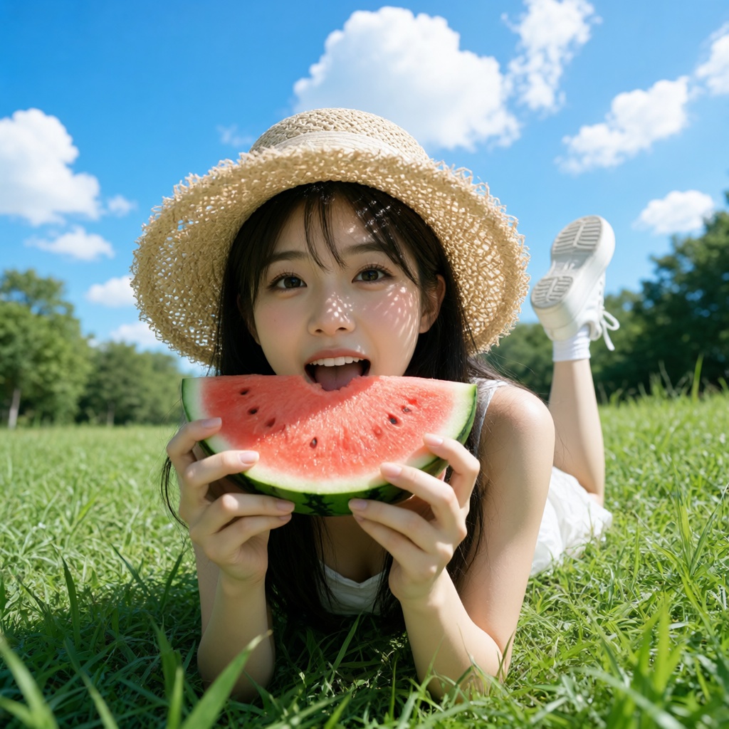 A low-angle shot looking up at a young Asian woman lying in lush green grass under a bright blue sky with fluffy white clo...