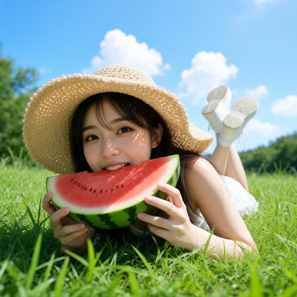 A low-angle shot looking up at a young Asian woman lying in lush green grass under a bright blue sky with fluffy white clo...