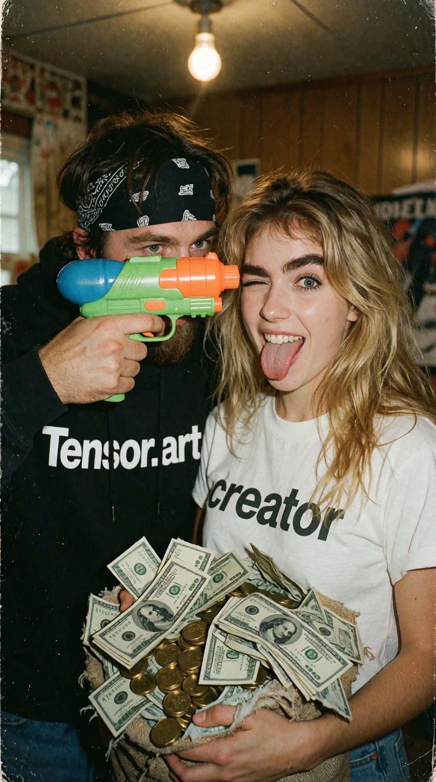 A satirical vintage 1990s snapshot shot on grainy 35mm film with a faded warm color cast,  soft flash and visible print te...